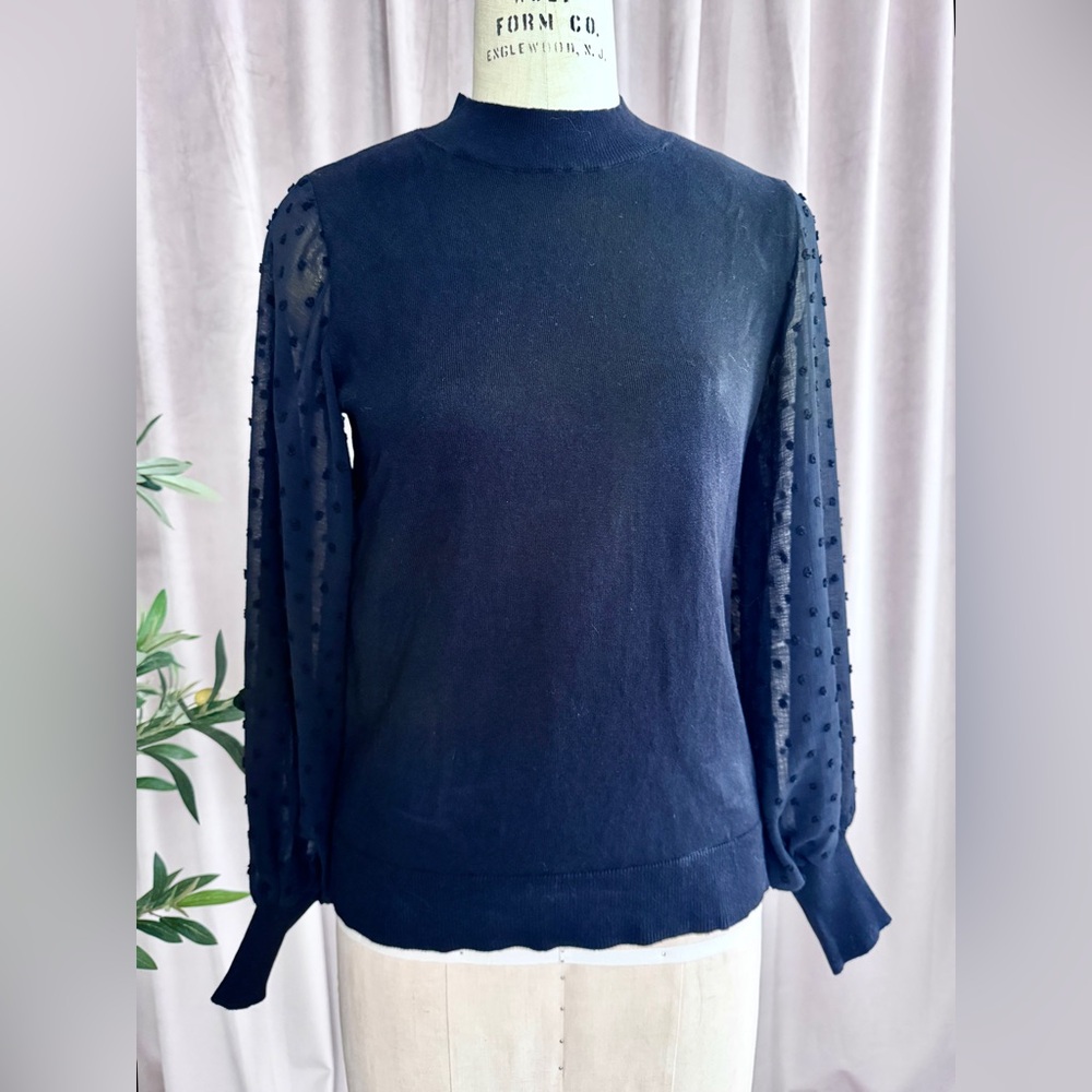 CeCe Black Mockneck Sweater with Sheer Dotted Sleeves